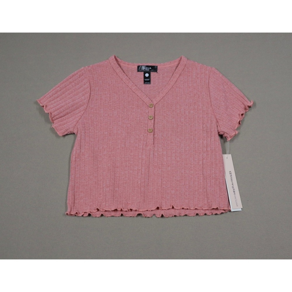 Aqua Girls' Rib Knit Lettuce Edge Tee- Pink - Size Medium (9-10)